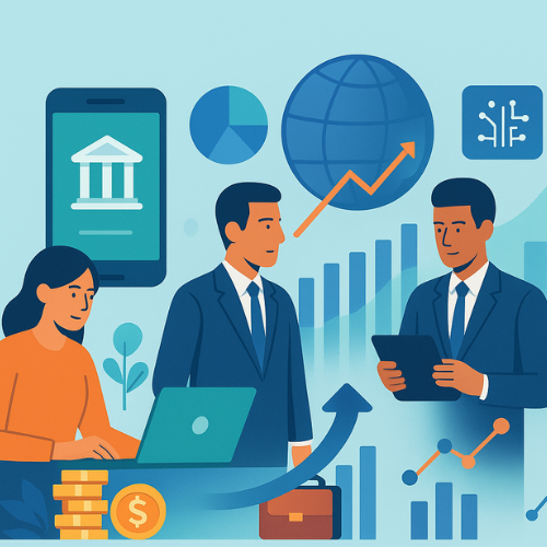 Modern finance concept illustration with digital banking, investment charts, blockchain icons, and people managing money in a global economy.