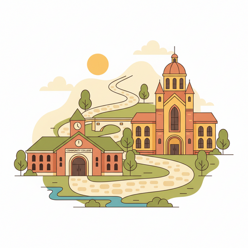 Illustration showing a smooth transfer path from a community college to a university, representing community colleges with guaranteed transfer paths.