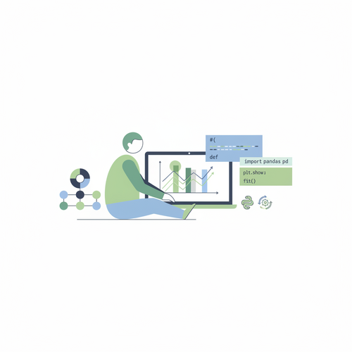 A minimalist flat design illustration of a person learning data science with Python libraries like NumPy and Pandas on a laptop, representing the best free Python libraries courses for data science in 2026.