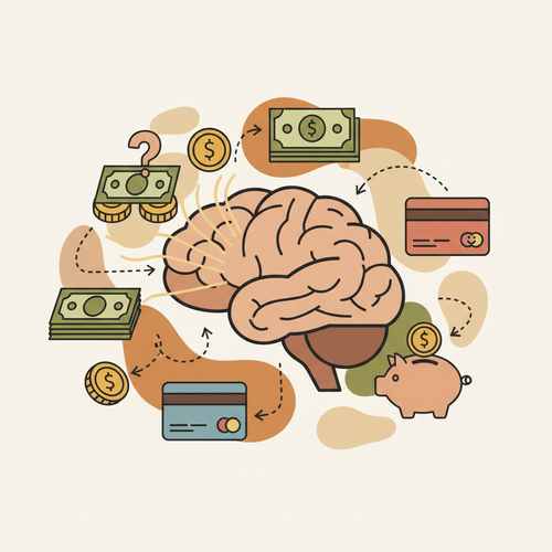 Flat design illustration of a brain surrounded by money, coins, and credit cards, representing the psychology of money spending.