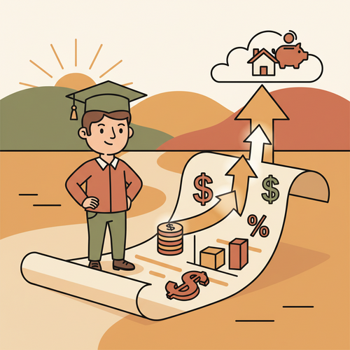 Flat design illustration of an independent student successfully filing FAFSA, surrounded by financial aid symbols and upward-trending arrows, representing optimized financial aid eligibility.